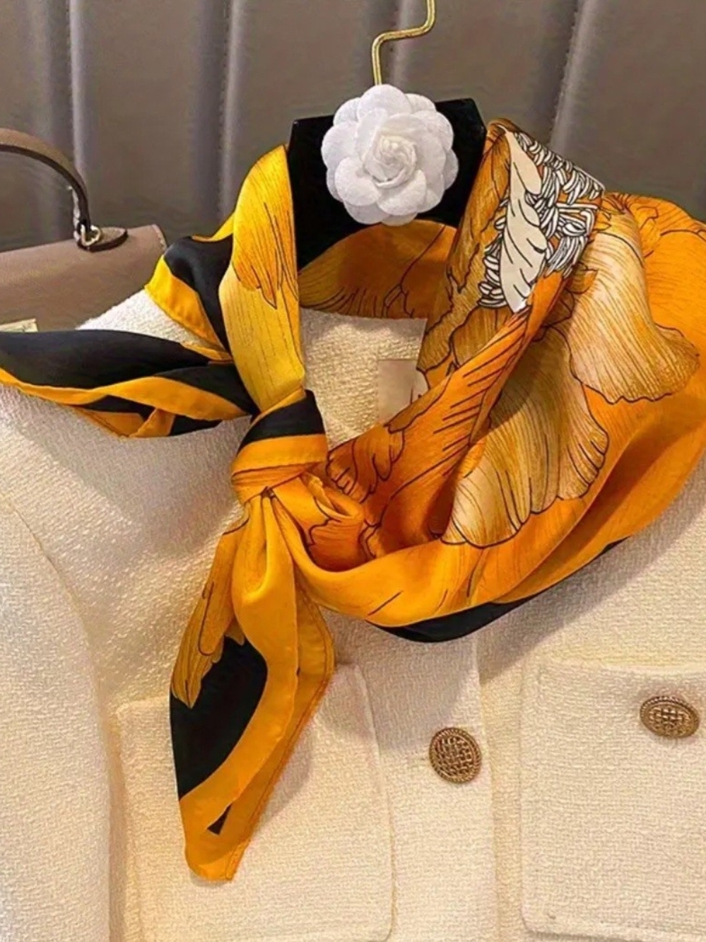 Silk-Feel Yellow Floral Scarf - Women Accessories - Picture 2 of 5